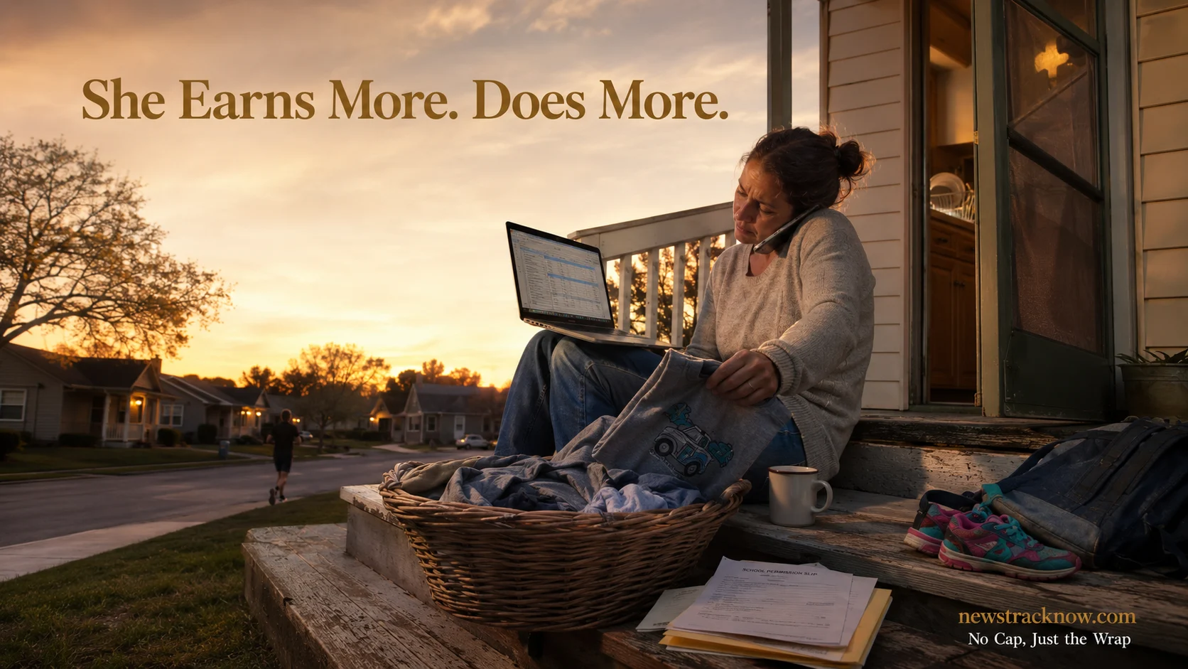 Suburban American mother multitasking laptop work and household chores at golden hour, illustrating the female breadwinners mental load gap — newstracknow.com