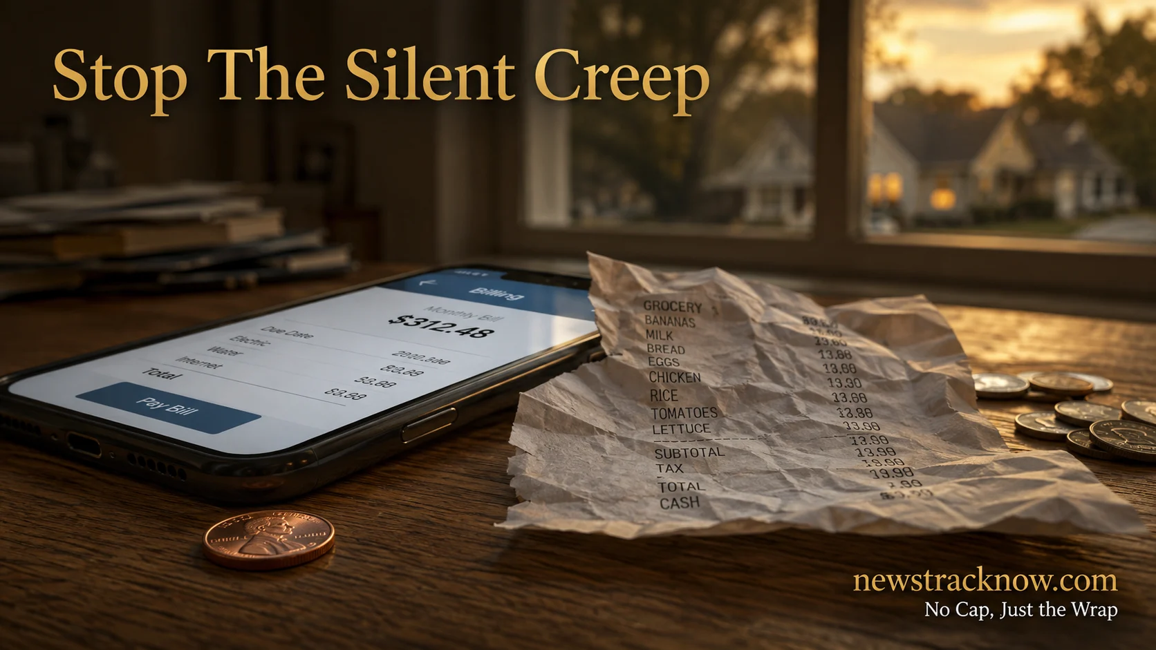 A macro landscape photograph of a wooden desk featuring a smartphone billing app, a grocery receipt, and coins in warm natural light, illustrating subscription price hikes and inflation budget hacks for newstracknow.com